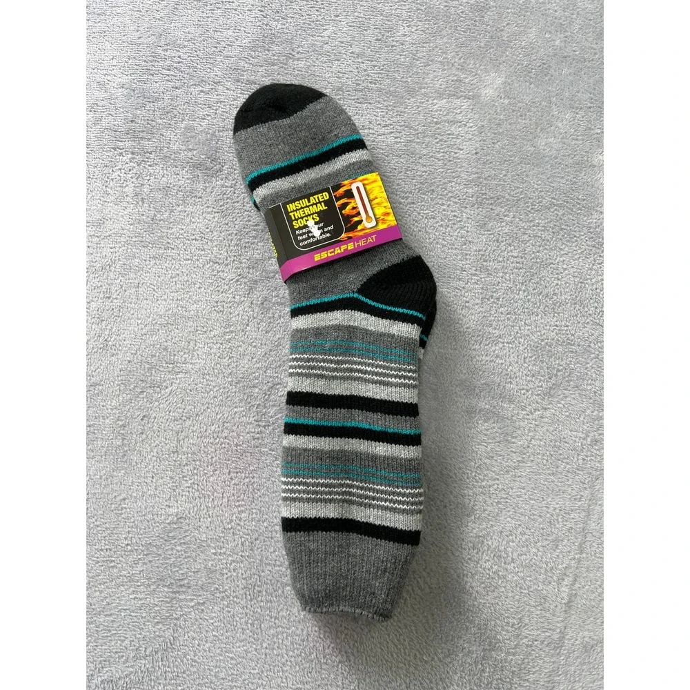 Escape Heat Insulated Thermal Socks Women 9 11 Gray Black Aqua‎ Stripe Cozy Warm